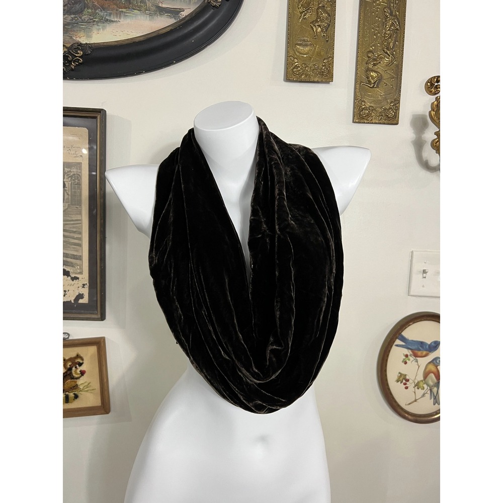 Vintage Dark Brown Velvet Infinity Scarf with Satin Bow Accent